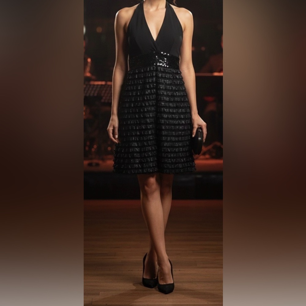 Black party dress with Ruffles and Sequins - Picture 1 of 8